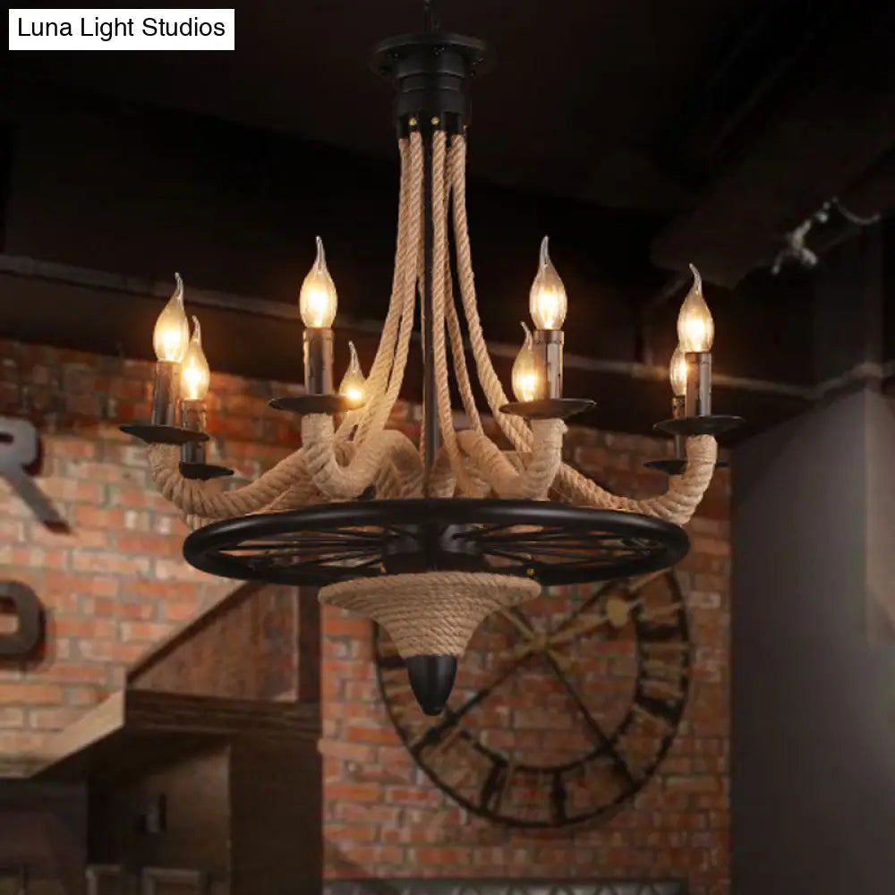 Farmhouse 8-Bulb Rope Candle Chandelier Pendant Light In Black With Wheel Design - Perfect For