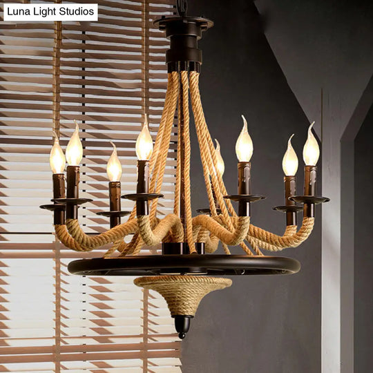 8-Bulb Black Pendant Chandelier With Rope And Wheel Design Ideal For Farmhouse Restaurant Decor