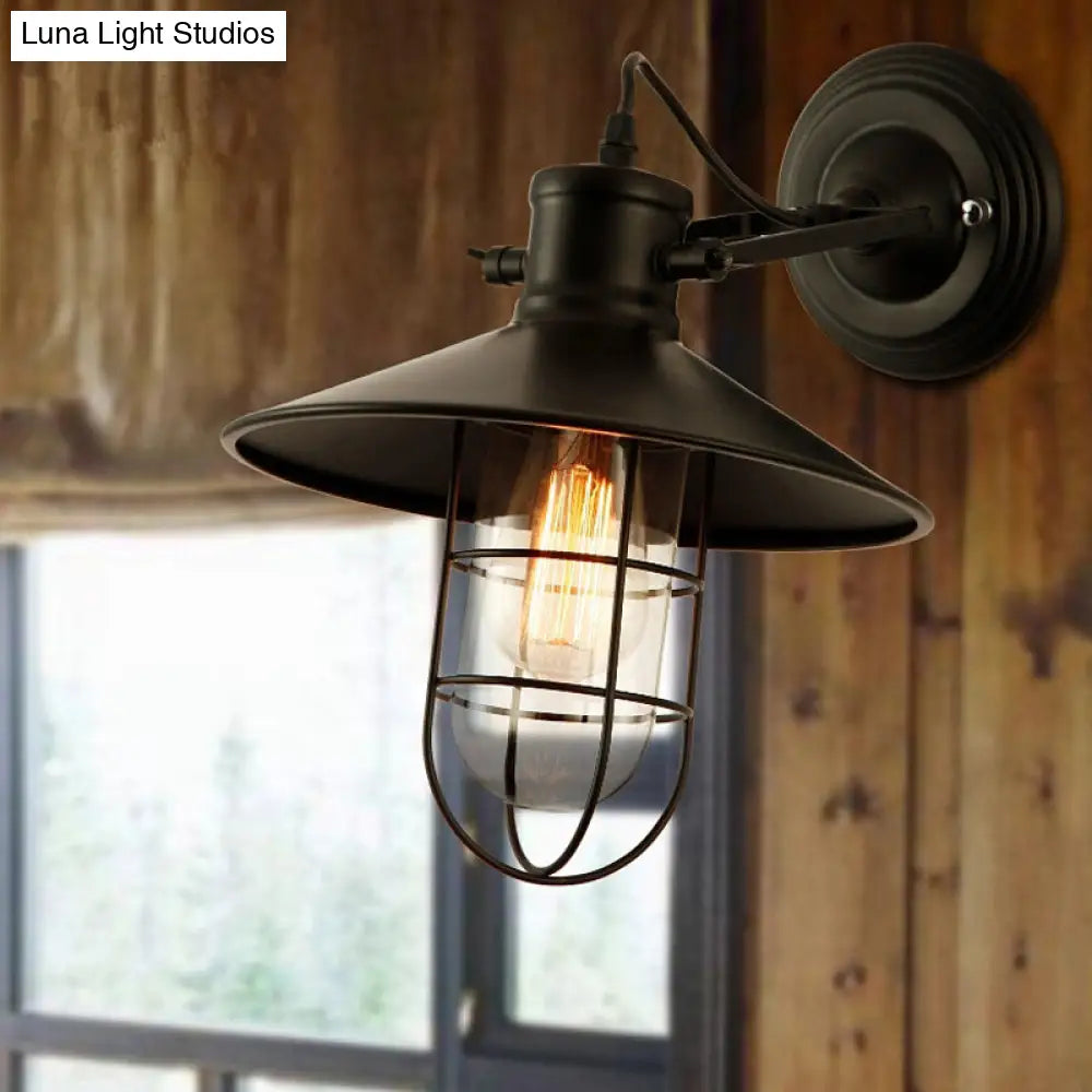 Farmhouse Adjustable Wall Lamp With Clear Glass Bulb Black Wire Cage & Saucer Top