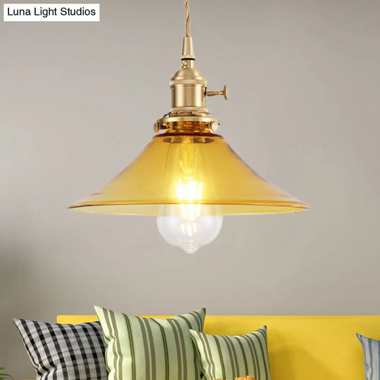 Farmhouse Amber Glass Conical Pendant Ceiling Light - Brass Finish Living Room Hanging Lamp