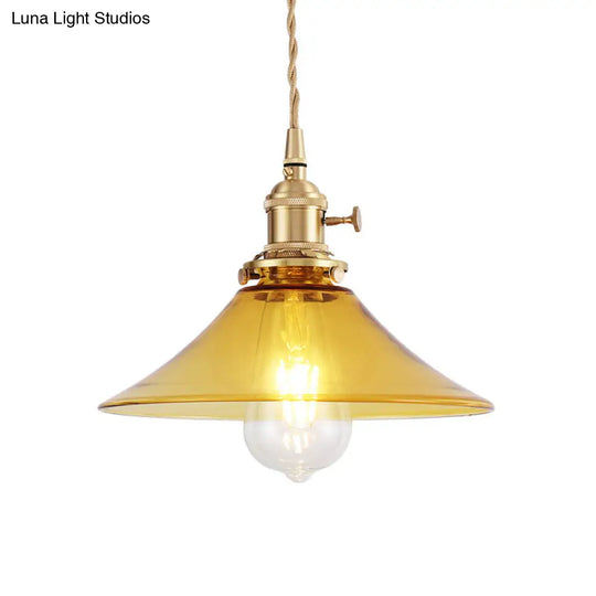 Farmhouse Amber Glass Conical Pendant Ceiling Light - Brass Finish Living Room Hanging Lamp