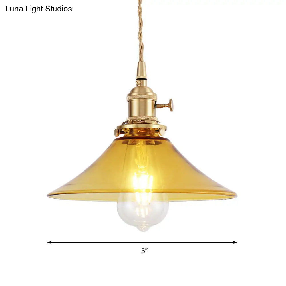 Farmhouse Amber Glass Conical Pendant Ceiling Light - Brass Finish Living Room Hanging Lamp