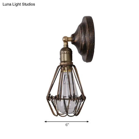 Farmhouse Antique Brass Wrought Iron Sconce - Stylish 1-Bulb Wire Cage Wall Lamp For Restaurants