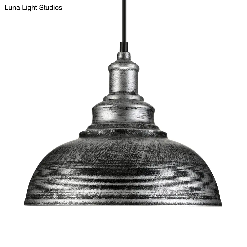 Farmhouse Antique Silver Pendant Lamp With Adjustable Cord - Iron Domed Restaurant Lighting