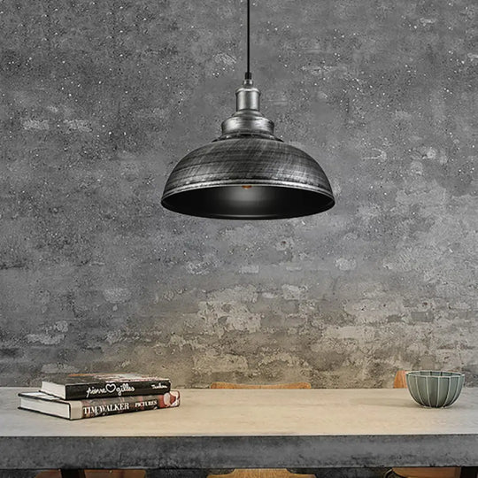 Farmhouse Antique Silver Pendant Lamp With Adjustable Cord - Iron Domed Restaurant Lighting Aged