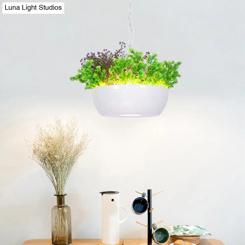 Farmhouse Resin Bowl Plant Pendant Light Kit - Balcony Led Ceiling Lamp (Black/White) White