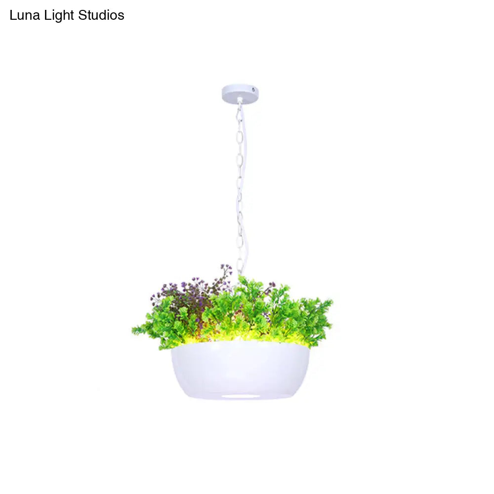 Farmhouse Resin Bowl Plant Pendant Light Kit - Balcony Led Ceiling Lamp (Black/White)