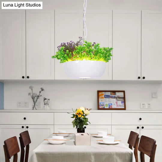 Farmhouse Resin Bowl Plant Pendant Light Kit - Balcony Led Ceiling Lamp (Black/White)