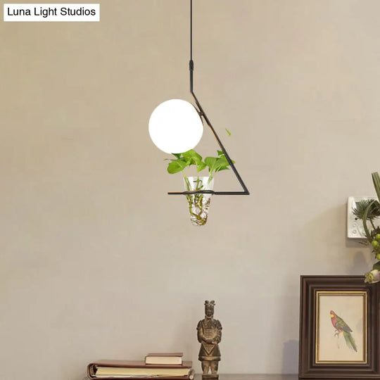 Farmhouse Milk Glass Pendant Light With Plant Cup - Single Head And Black/Grey/Gold Finish