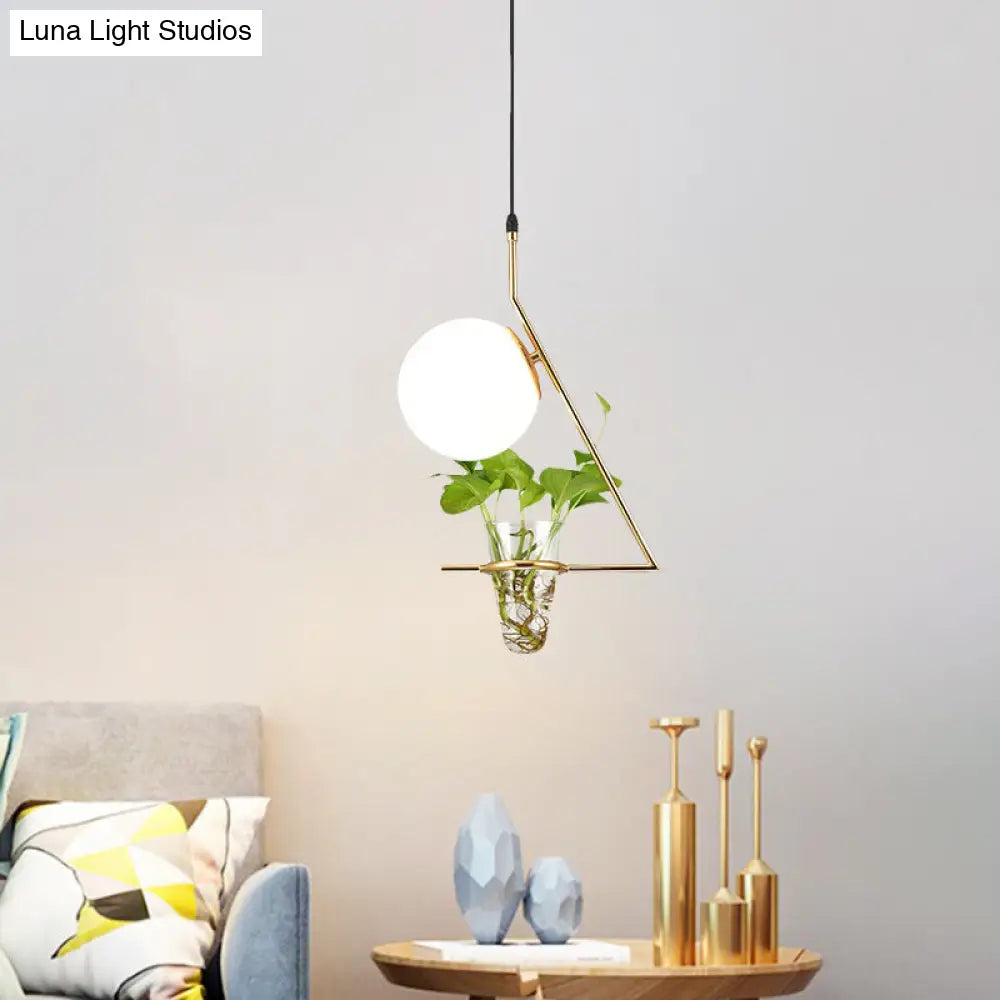 Farmhouse Milk Glass Pendant Light With Plant Cup - Single Head And Black/Grey/Gold Finish Gold