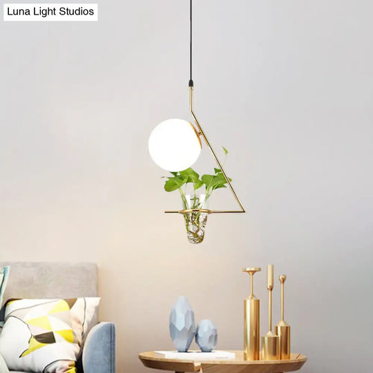 Farmhouse Milk Glass Pendant Light With Plant Cup - Single Head And Black/Grey/Gold Finish Gold