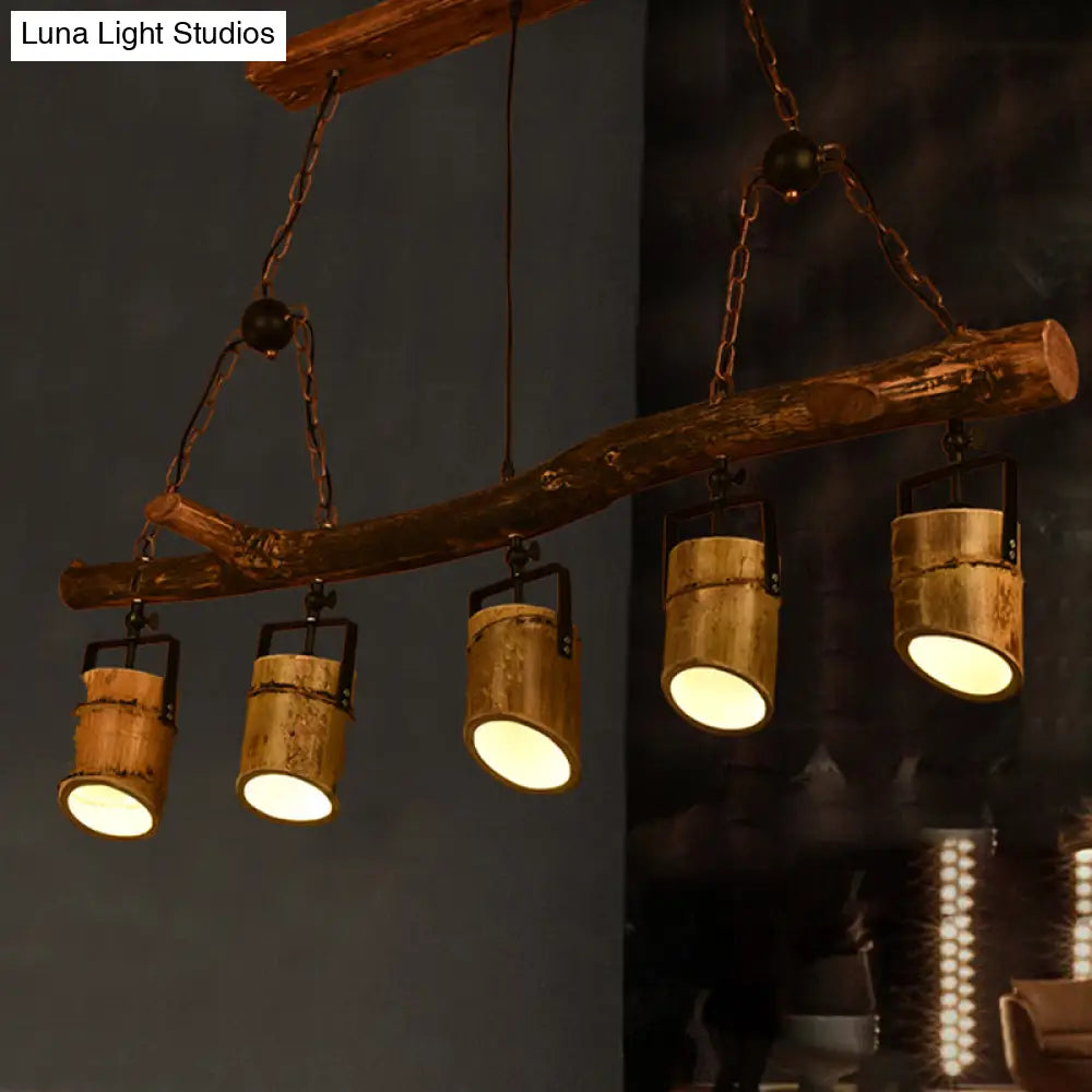 Farmhouse Bamboo Pendant Light- Wood Linear Island Lamp With 5 Lights Ideal For Restaurants