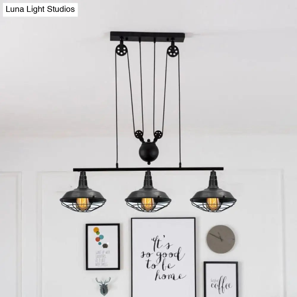 Farmhouse Barn Island Pendant - 3-Light Metallic Lighting With Cage Shade And Pulley In Black