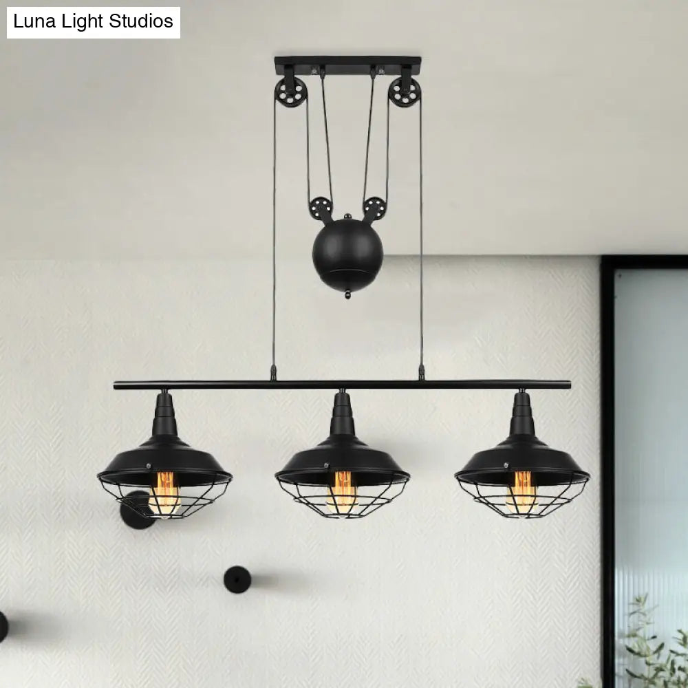 Farmhouse Barn Island Pendant - 3-Light Metallic Lighting With Cage Shade And Pulley In Black