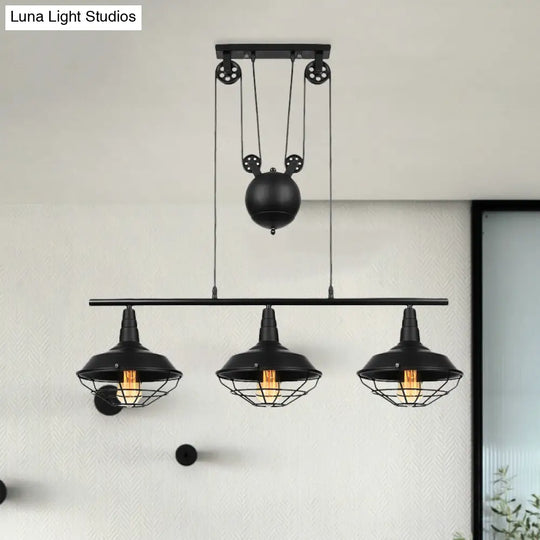 Farmhouse Barn Island Pendant - 3-Light Metallic Lighting With Cage Shade And Pulley In Black