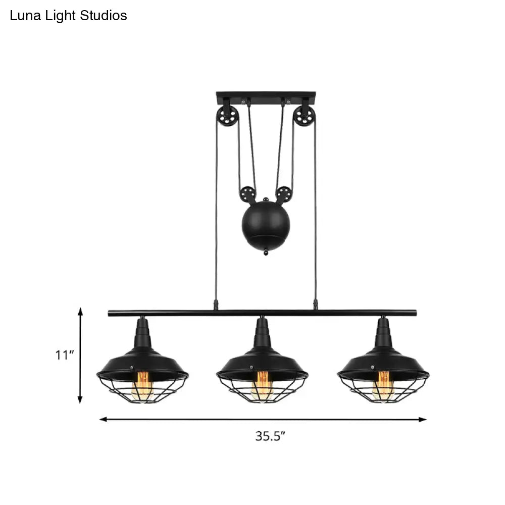 Farmhouse Barn Island Pendant - 3-Light Metallic Lighting With Cage Shade And Pulley In Black