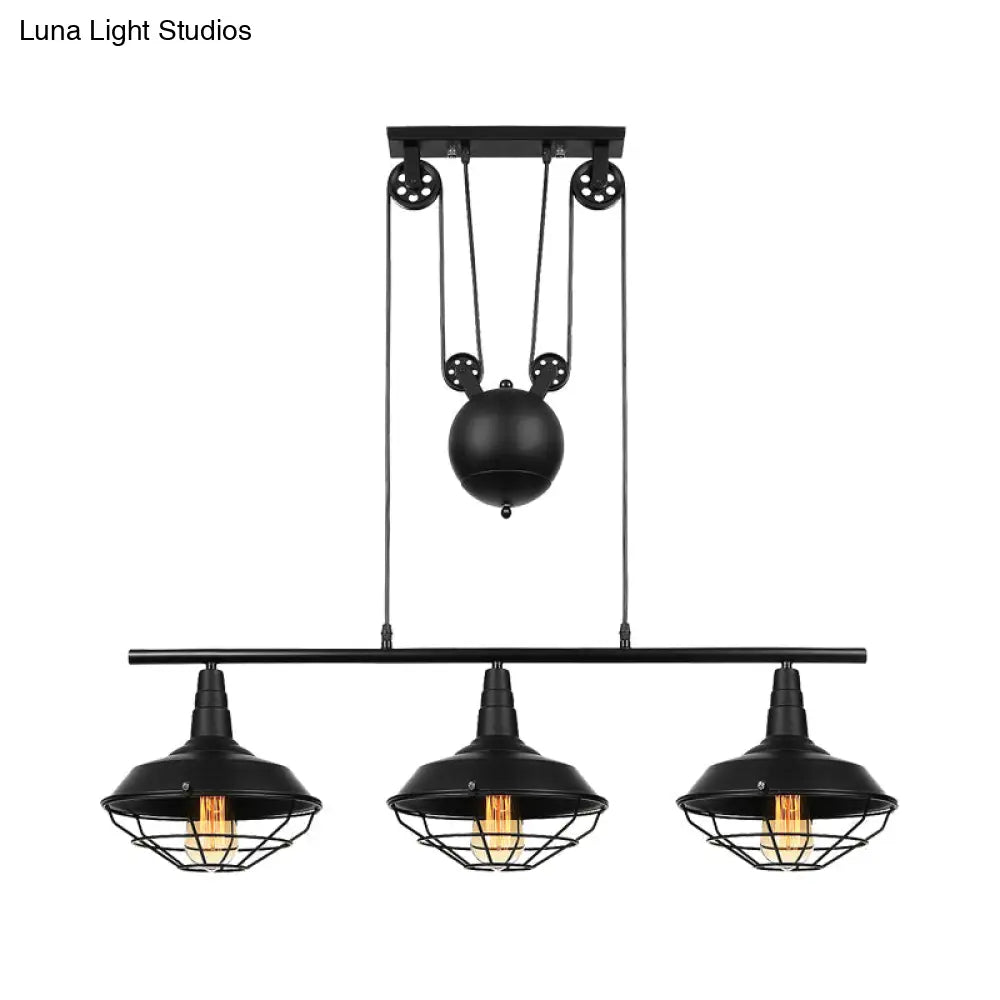 Farmhouse Barn Island Pendant - 3-Light Metallic Lighting With Cage Shade And Pulley In Black