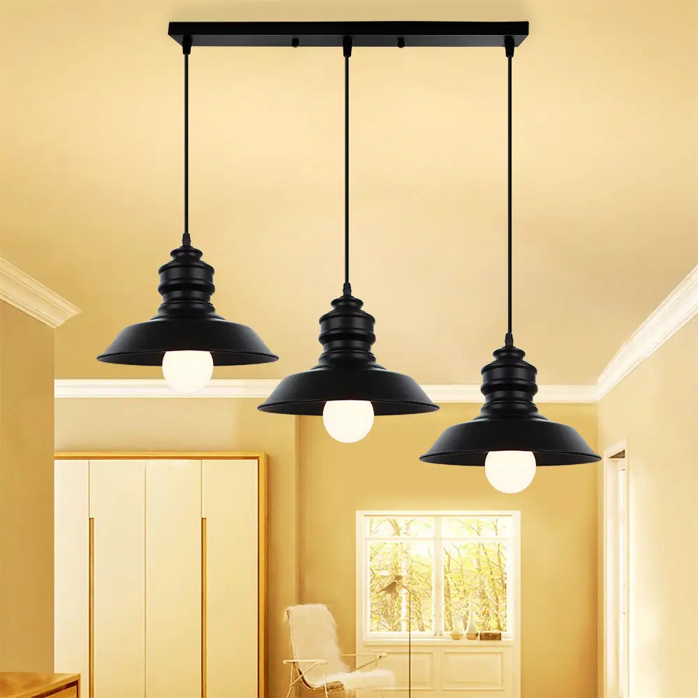 Farmhouse Barn Pendant Light - 3-Light Metallic Hanging Fixture With Round/Linear Black Canopy /