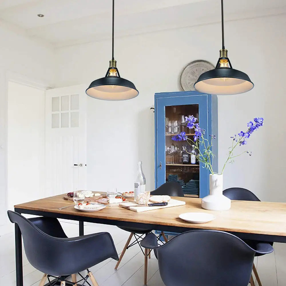 Farmhouse Barn Shade Pendant Lamp - Black Metallic Suspension Light For Dining Room