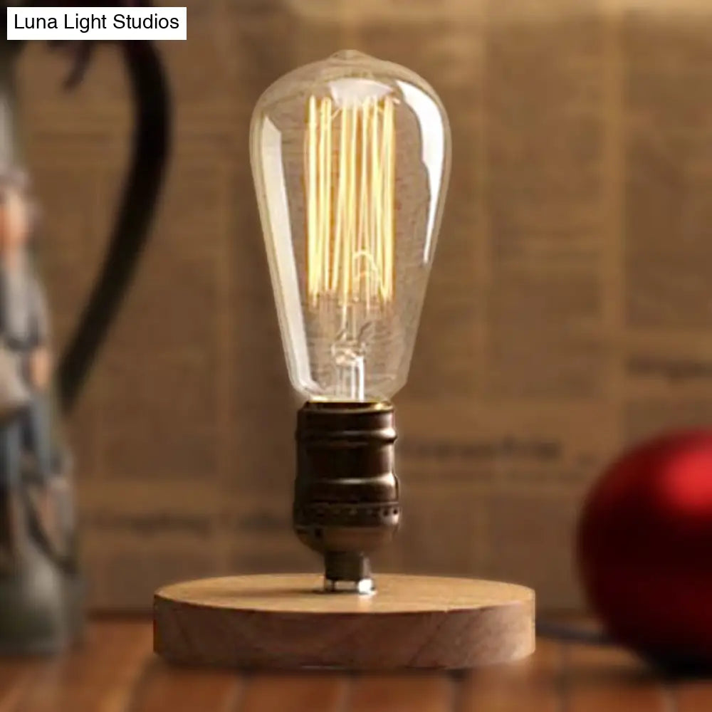 Farmhouse Bedside Table Lamp: Wooden Circular Base With Exposed Bulb In Brass