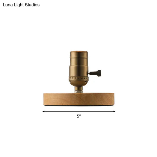 Farmhouse Bedside Table Lamp: Wooden Circular Base With Exposed Bulb In Brass