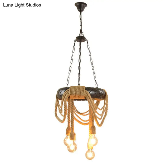 Farmhouse Chandelier With 4 Beige Rubber Tyre Heads Open Bulb And Rope Cord Design