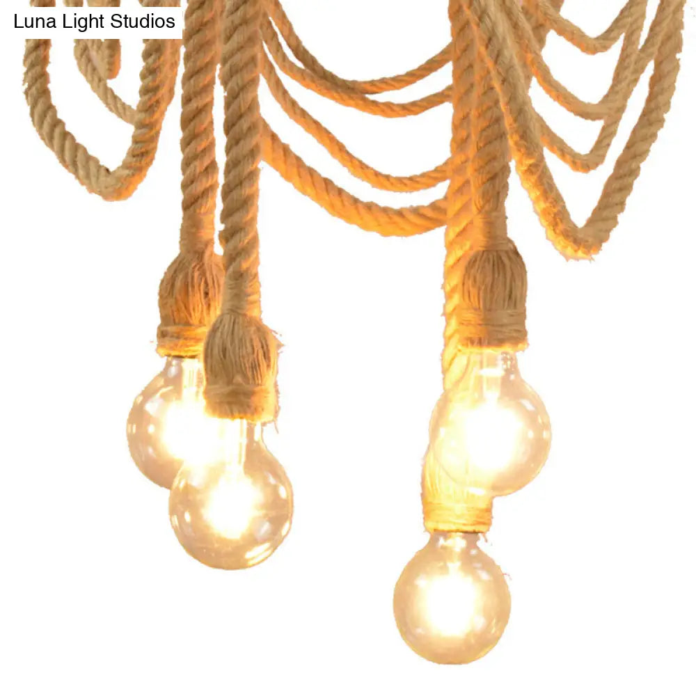 Farmhouse Chandelier With 4 Beige Rubber Tyre Heads Open Bulb And Rope Cord Design