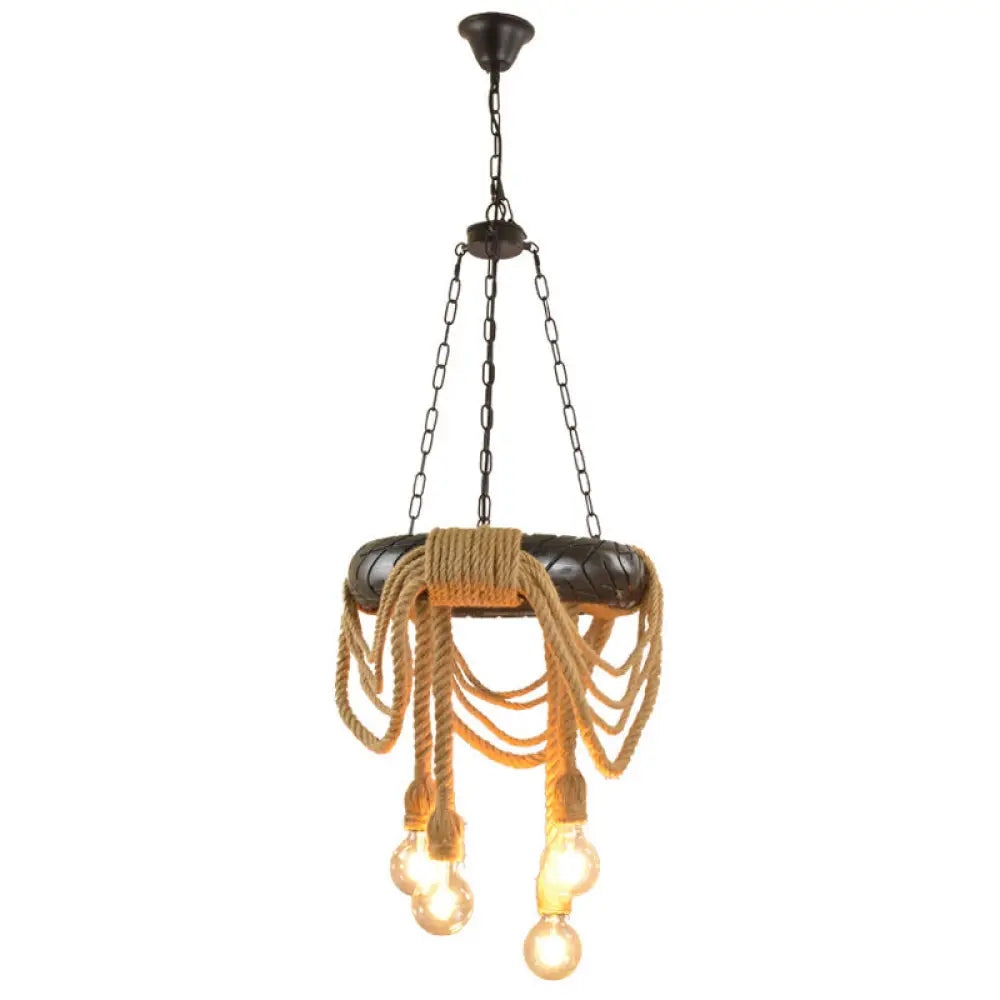 Farmhouse Beige 4-Head Chandelier With Rubber Tyre Pendant And Rope Cord