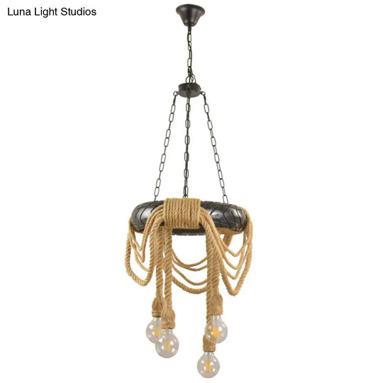 Farmhouse Chandelier With 4 Beige Rubber Tyre Heads Open Bulb And Rope Cord Design