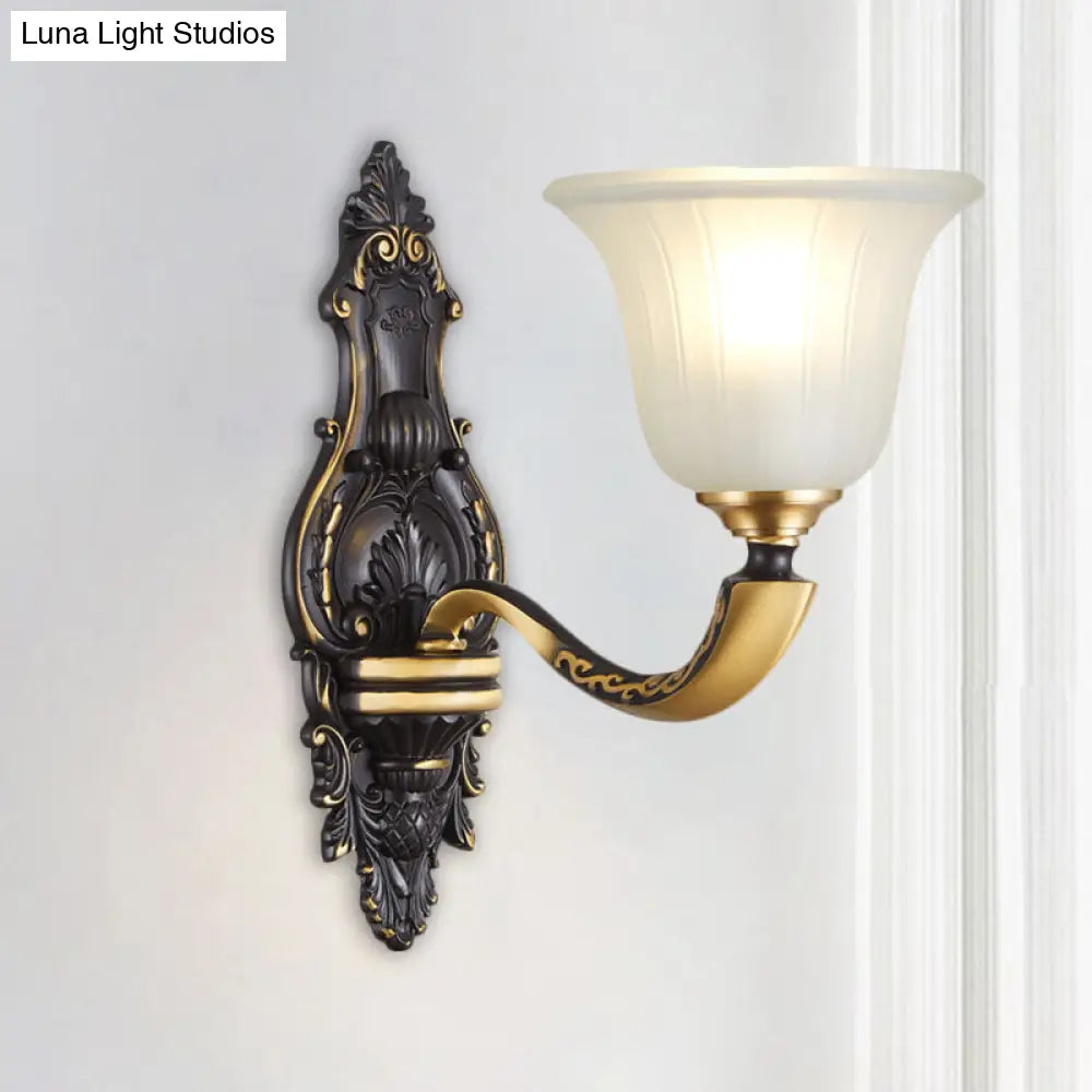 Farmhouse Bell Wall Sconce With Fluted Glass Shade In Black And Gold