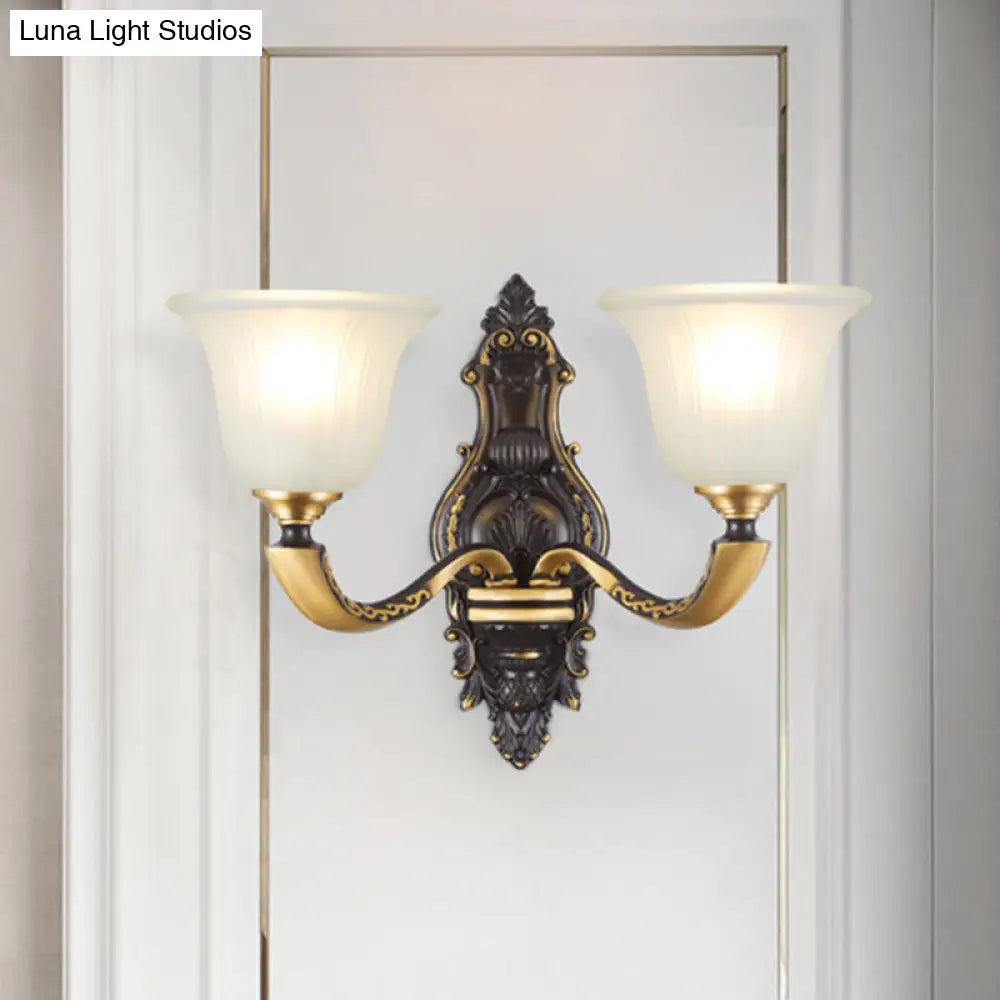 Farmhouse Bell Wall Sconce With Fluted Glass Shade In Black And Gold