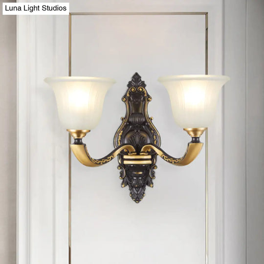 Farmhouse Bell Wall Sconce With Fluted Glass Shade In Black And Gold