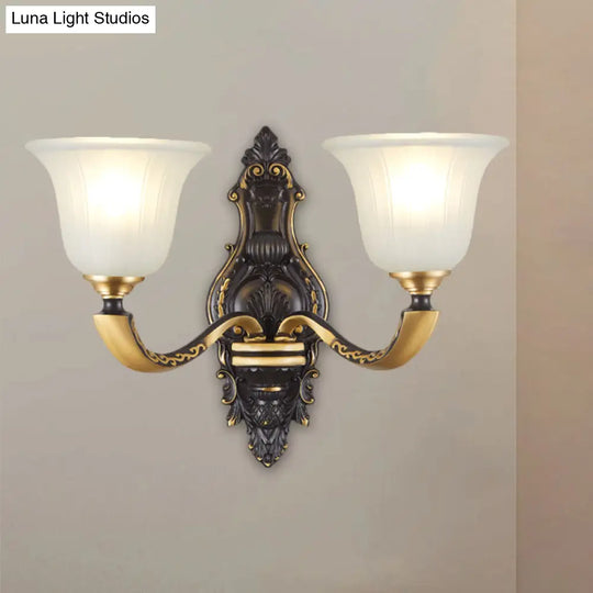 Farmhouse Bell Wall Sconce With Fluted Glass Shade In Black And Gold