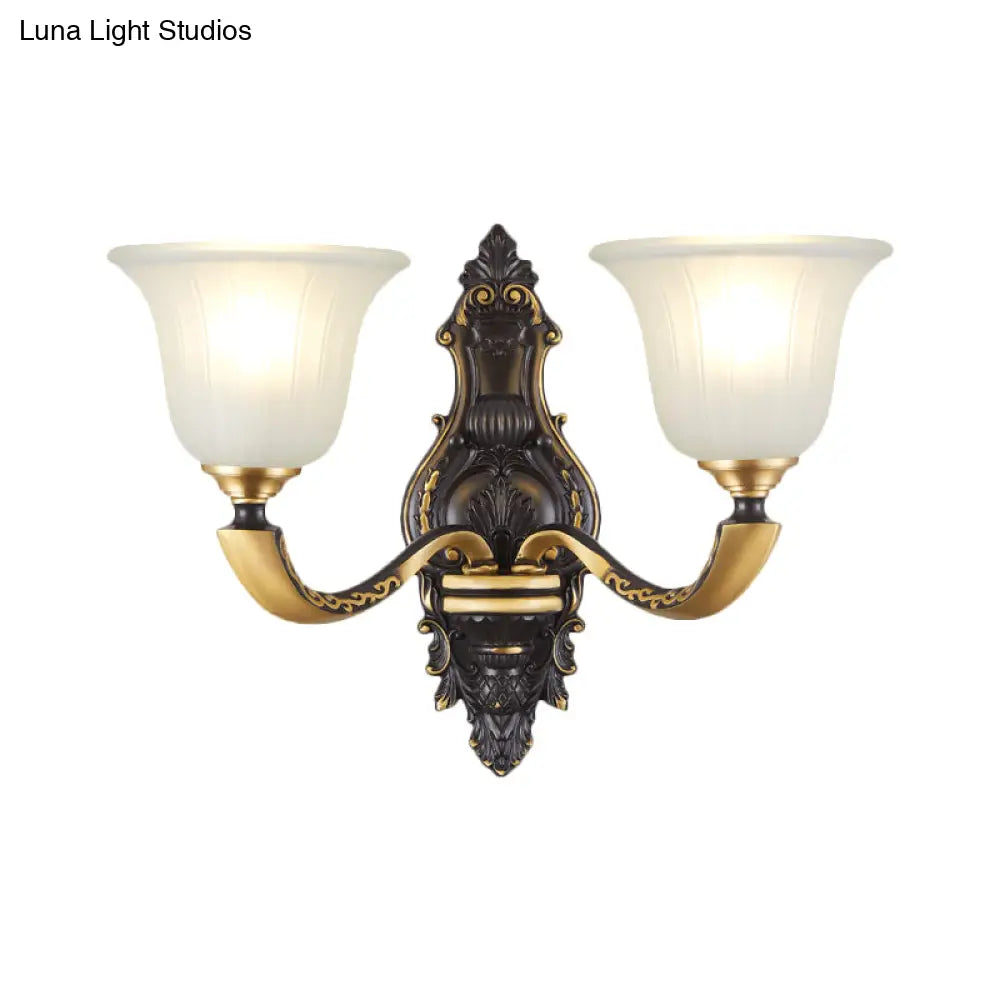 Farmhouse Bell Wall Sconce With Fluted Glass Shade In Black And Gold