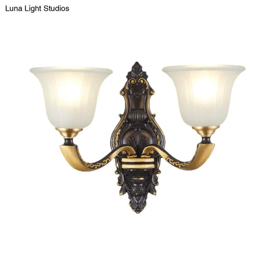 Farmhouse Bell Wall Sconce With Fluted Glass Shade In Black And Gold