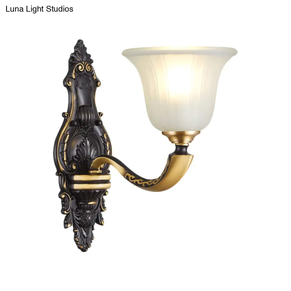 Farmhouse Bell Wall Sconce With Fluted Glass Shade In Black And Gold