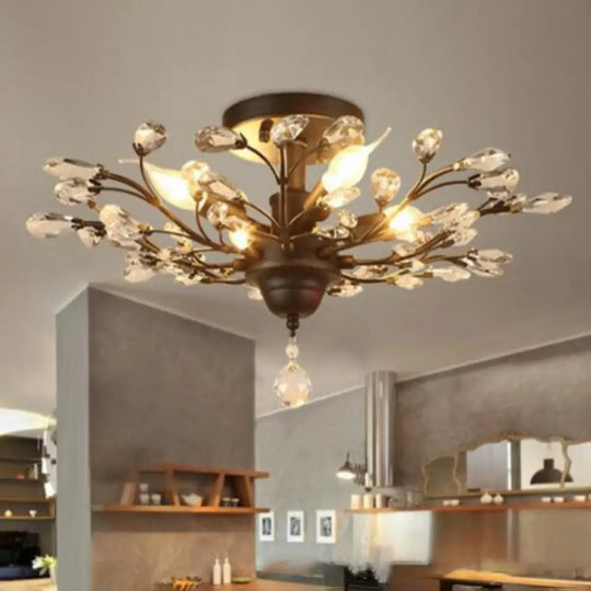 Farmhouse Beveled-Cut Crystal Chandelier - Twig Shape Ceiling Hang Lamp For Living Room 5 / Black