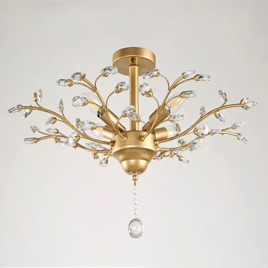 Farmhouse Beveled-Cut Crystal Chandelier - Twig Shape Ceiling Hang Lamp For Living Room 5 / Gold