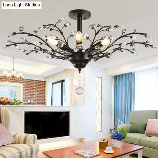 Farmhouse Beveled-Cut Crystal Chandelier - Twig Shape Ceiling Hang Lamp For Living Room