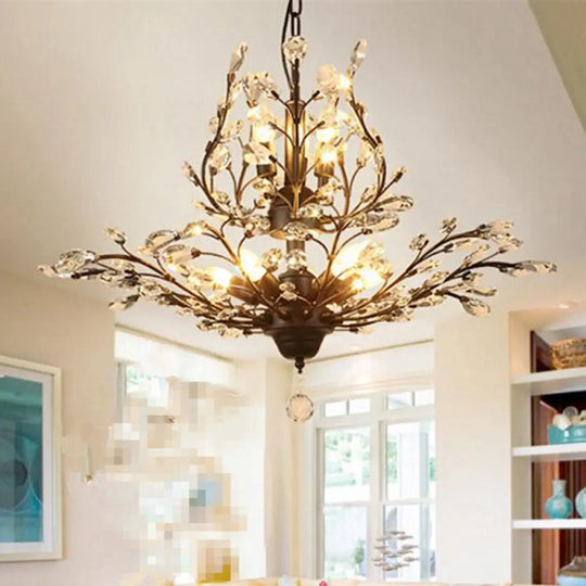 Farmhouse Beveled-Cut Crystal Chandelier - Twig Shape Ceiling Hang Lamp For Living Room 8 / Black