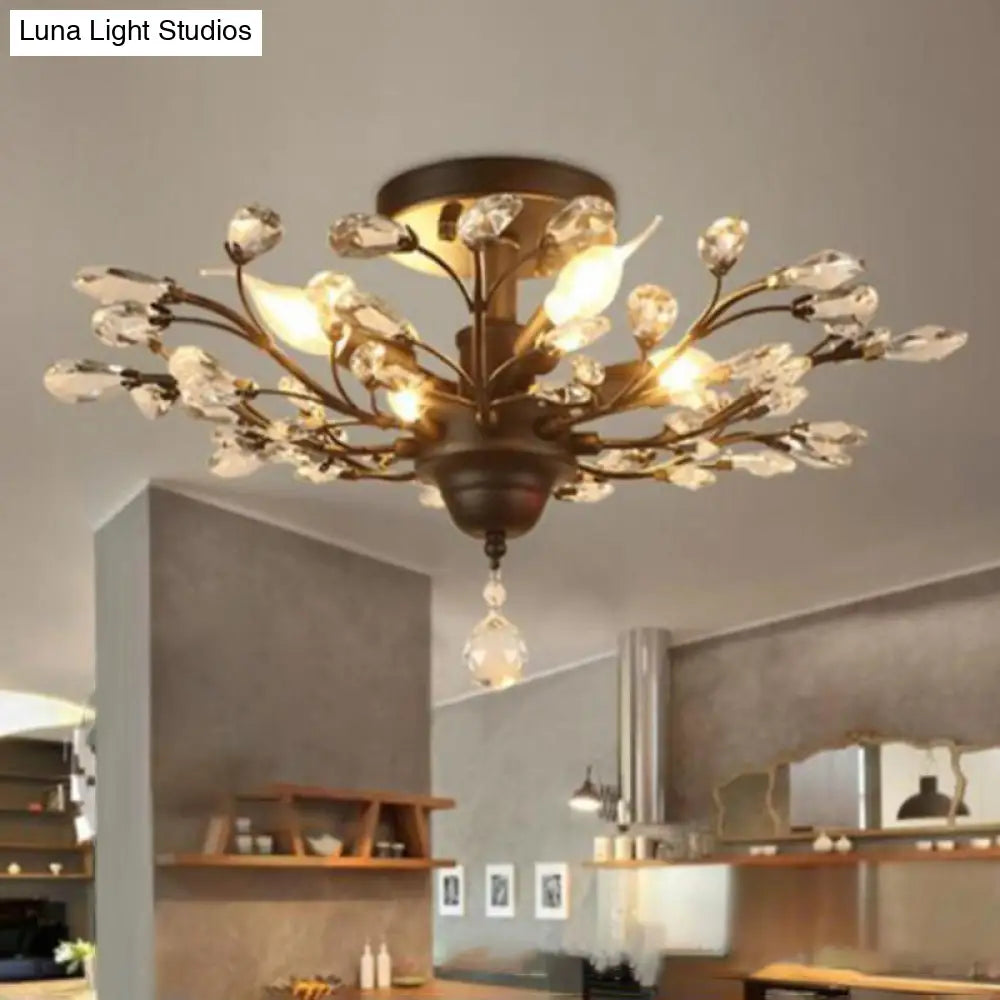 Farmhouse Beveled-Cut Crystal Chandelier - Twig Shape Ceiling Hang Lamp For Living Room