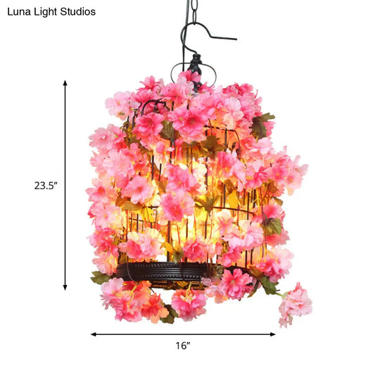 Birdcage Farm Iron Chandelier Light Fixture - Pink Flower Hanging Lamp Kit (3 Heads)