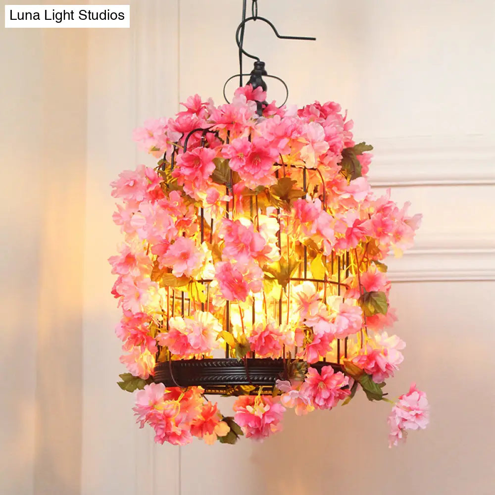 Birdcage Farm Iron Chandelier Light Fixture - Pink Flower Hanging Lamp Kit (3 Heads)