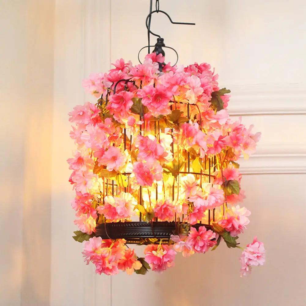 Farmhouse Birdcage Chandelier With Pink Flower Accents - 3 Iron Pendant Lights