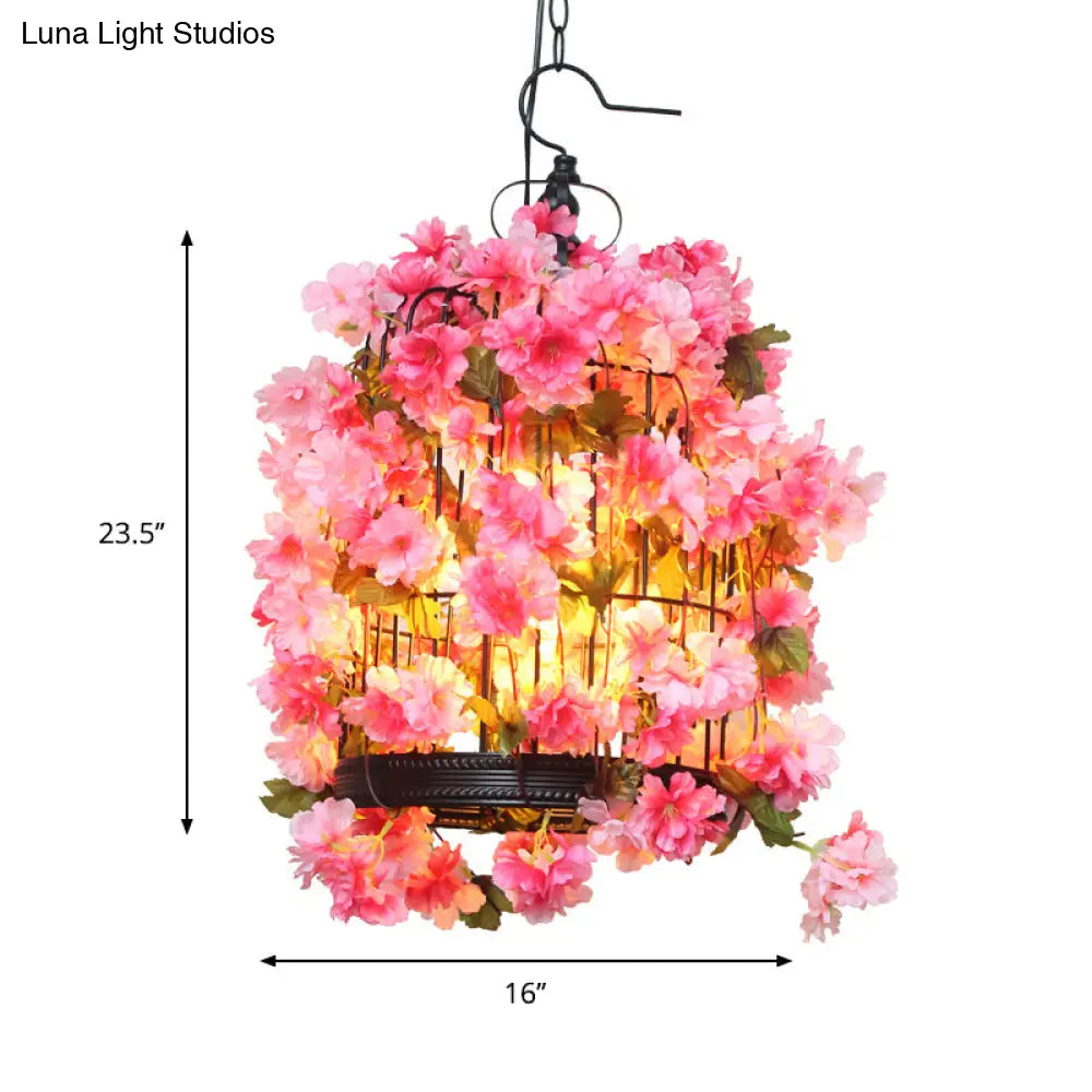 Farmhouse Birdcage Chandelier With Pink Flower Accents - 3 Iron Pendant Lights