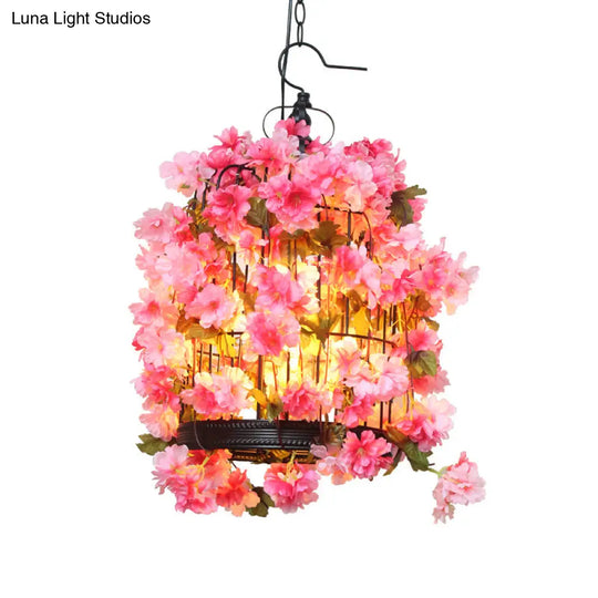 Farmhouse Birdcage Chandelier With Pink Flower Accents - 3 Iron Pendant Lights