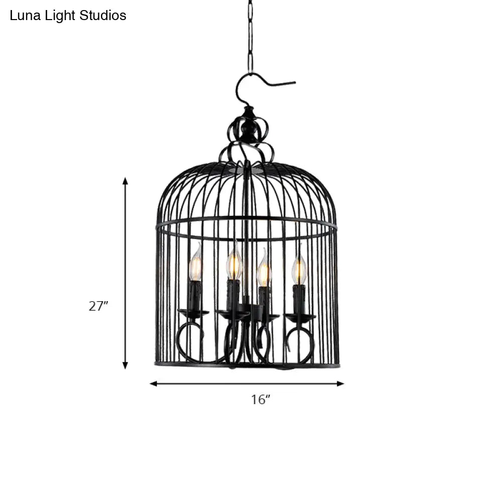 Farmhouse Birdcage Design Hanging Chandelier Lamp - 4-Head Metallic Fixture With Candle In Elegant