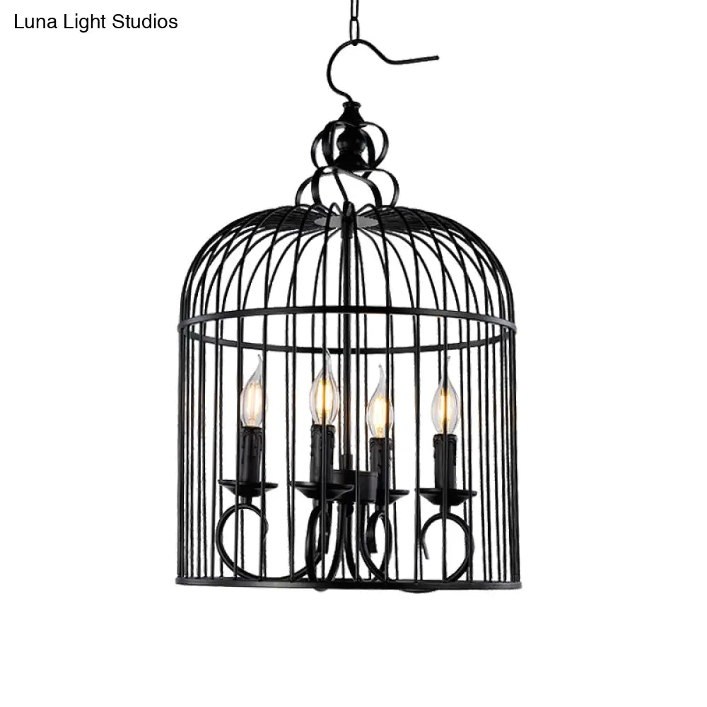 Farmhouse Birdcage Design Hanging Chandelier Lamp - 4-Head Metallic Fixture With Candle In Elegant