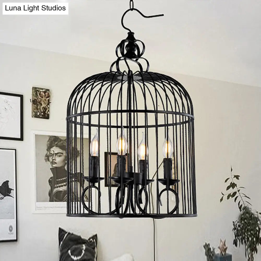 Rustic 4-Head Metallic Birdcage Chandelier With Candle In Black