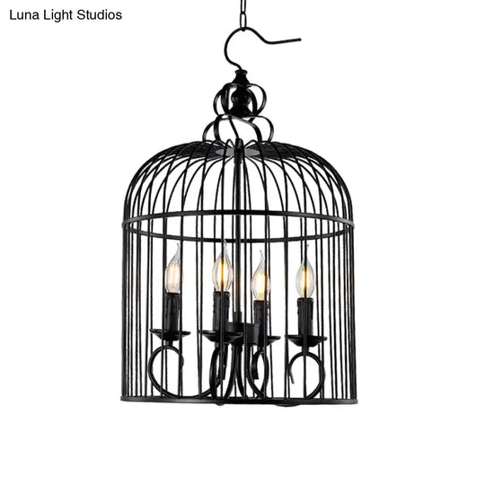 Rustic 4-Head Metallic Birdcage Chandelier With Candle In Black